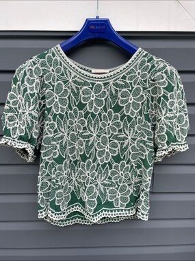 Solitaire Emerald Green Crop Top with White Lace Overlay